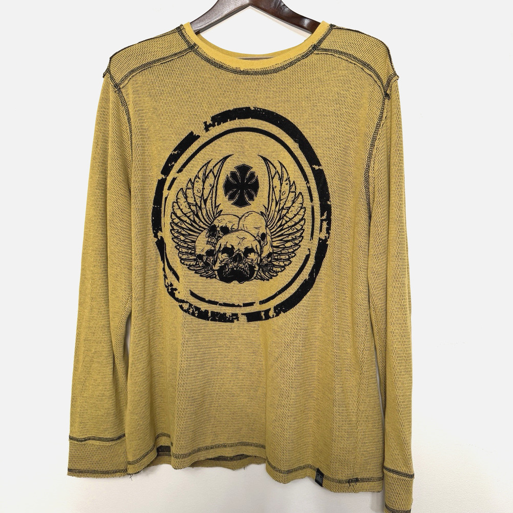 Machine MK Mens XL Mustard Yellow Graphic Long Sleeve Pullover Y2K Grunge Street
